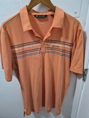 Travis Mathew Orange Stripe Golf Polo Shirt Mens L Peru Cotton Blend READ